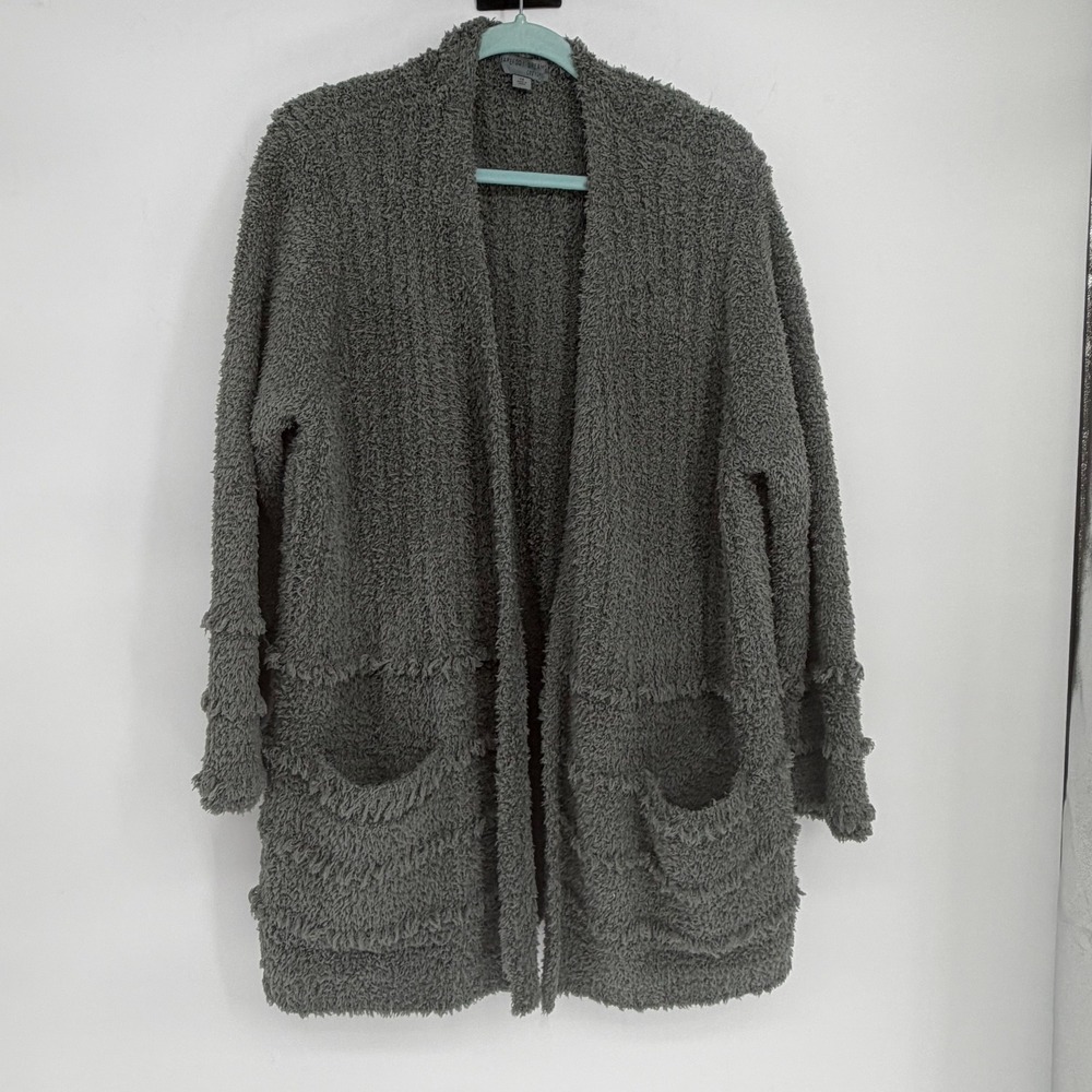 Barefoot Dreams CozyChic Cardigan Gray Fringe Sweater 1X QVC BDWCC1513
